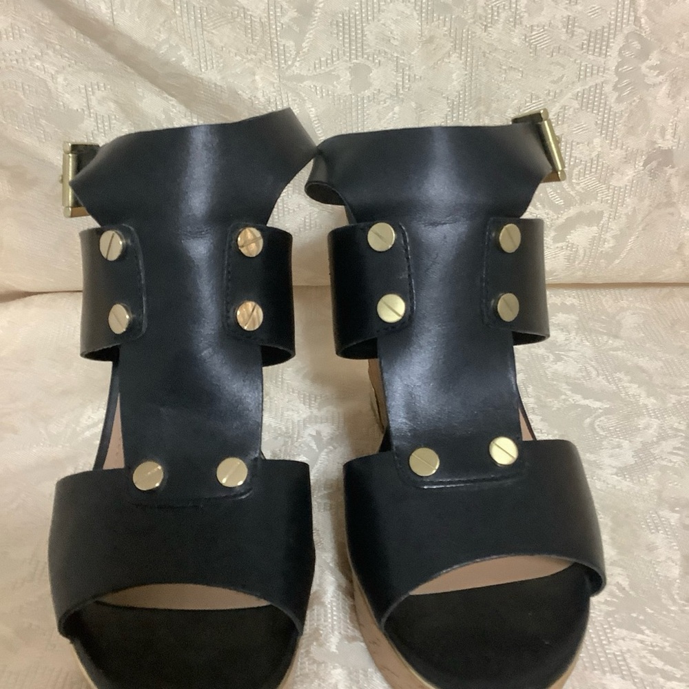 Guess Black Leather Sandals with Gold Studs